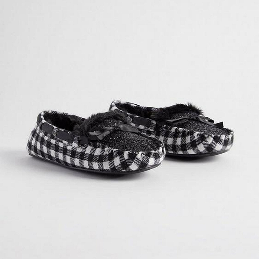 NWT torrid Faux Fur Sparkley Black Plaid Slipper Shoes, size 7.5WW